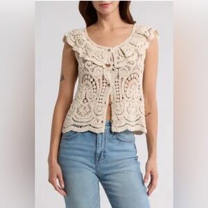 NWT Cotton Ultra Pink Tier Crochet Cream Poho Peasant Button Front Blouse Top M